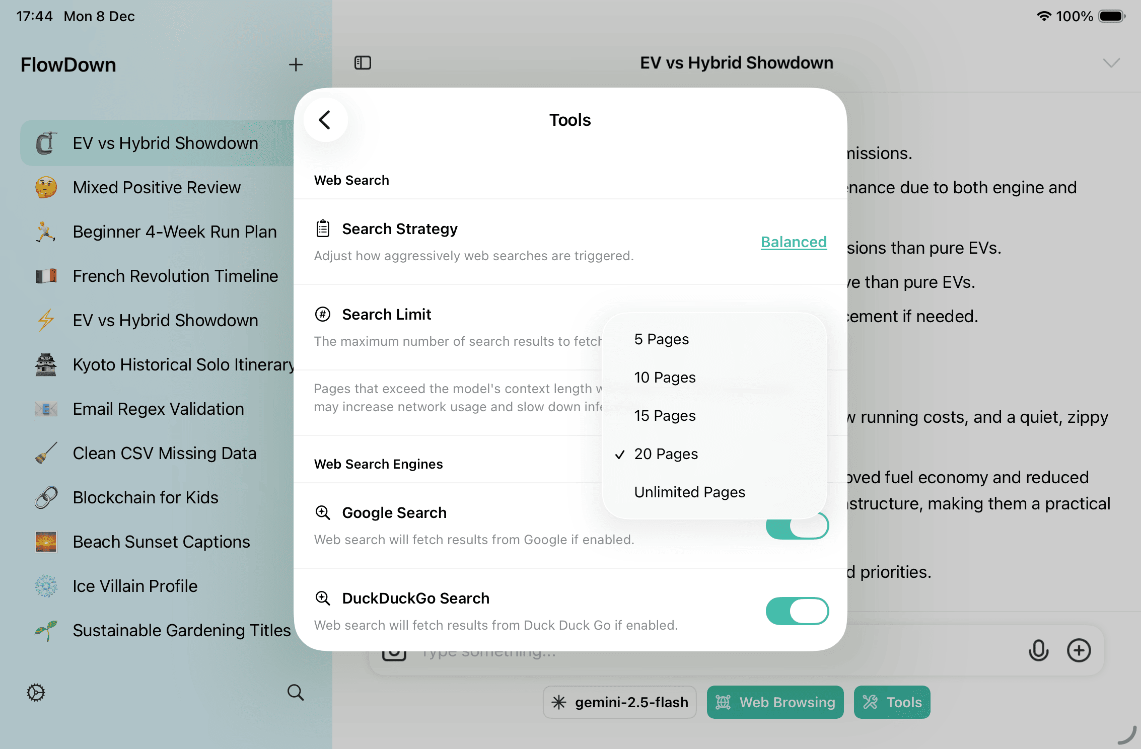 Web search parameter configuration interface